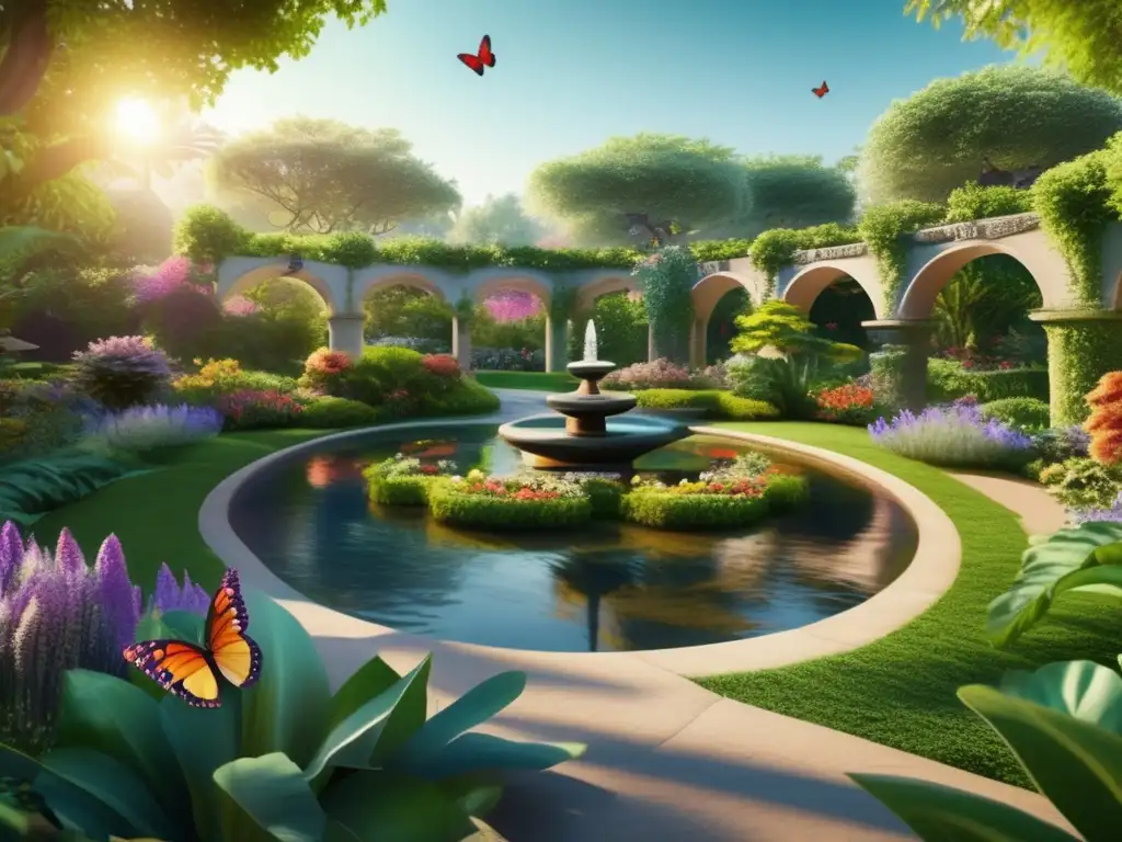 Una exuberante y detallada imagen en 8k de un jardín botánico vibrante con senderos serpenteantes, arcos de piedra y un tranquilo estanque