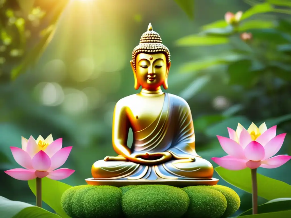 En un exuberante jardín, la estatua dorada de Gautama Buda irradia serenidad entre flores de loto