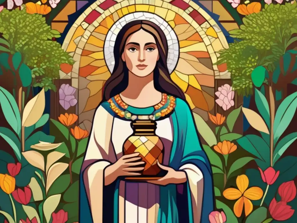 María Magdalena en un exuberante jardín, sosteniendo un frasco de alabastro entre flores vibrantes