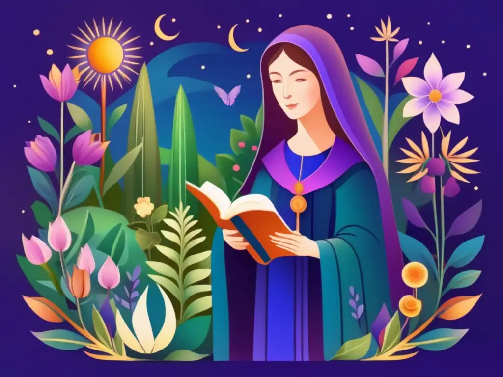 En un exuberante jardín místico, Hildegard von Bingen irradia serenidad sosteniendo un libro, rodeada de flores vibrantes