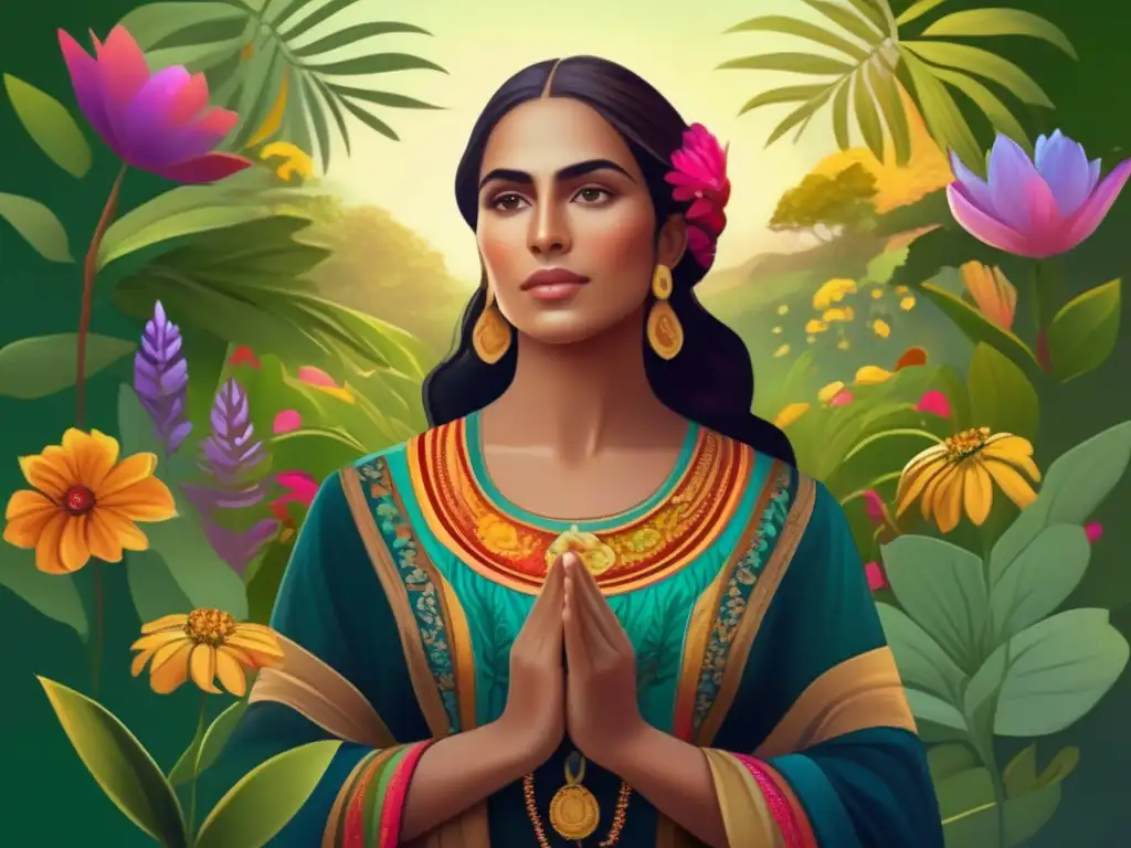 María Magdalena se encuentra en un exuberante jardín, rodeada de flores vibrantes, emanando serenidad y sabiduría
