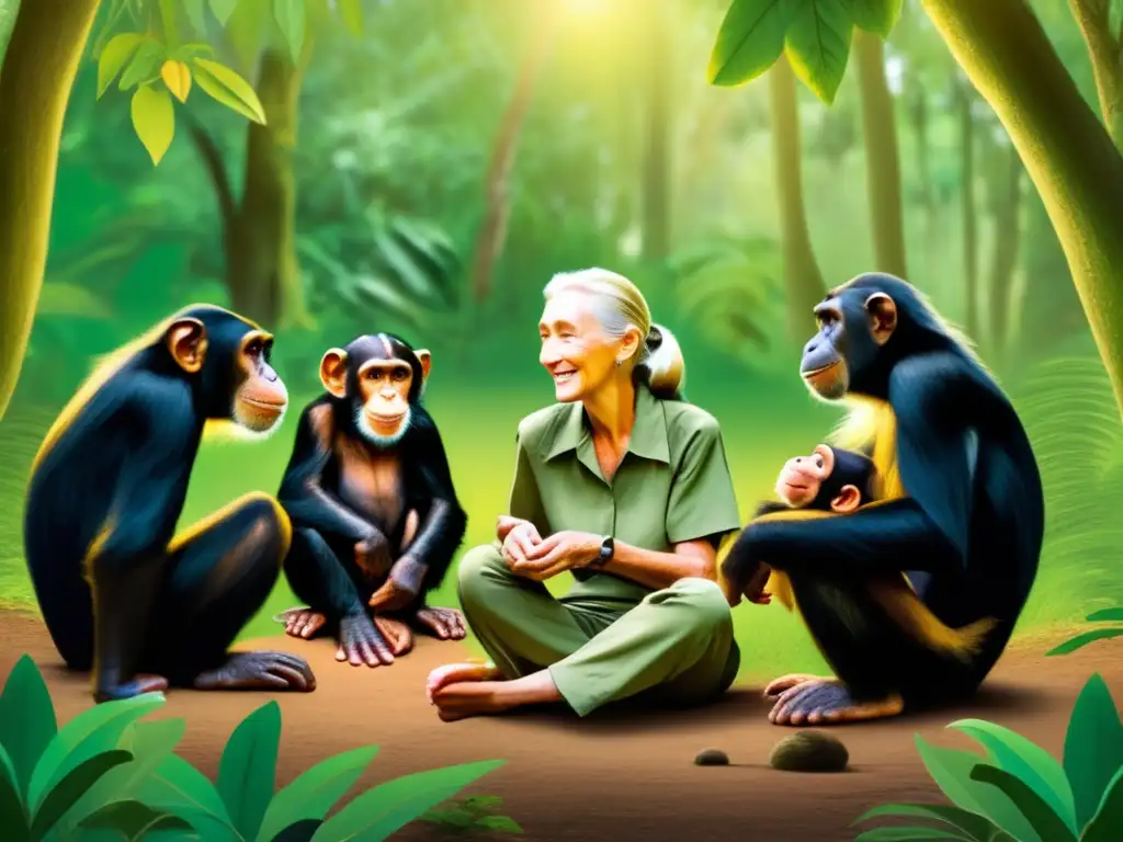 En la exuberante selva, Jane Goodall interactúa con chimpancés, iluminada por la cálida luz del sol