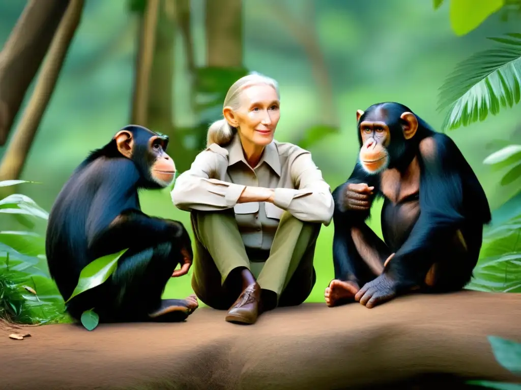 Entre la exuberante selva, Jane Goodall y los chimpancés se conectan en un momento íntimo