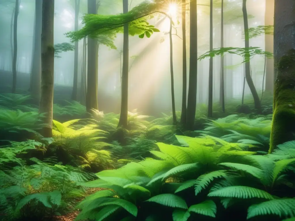 Una exuberante y etérea selva envuelta en neblina dorada, evocando tranquilidad y belleza natural