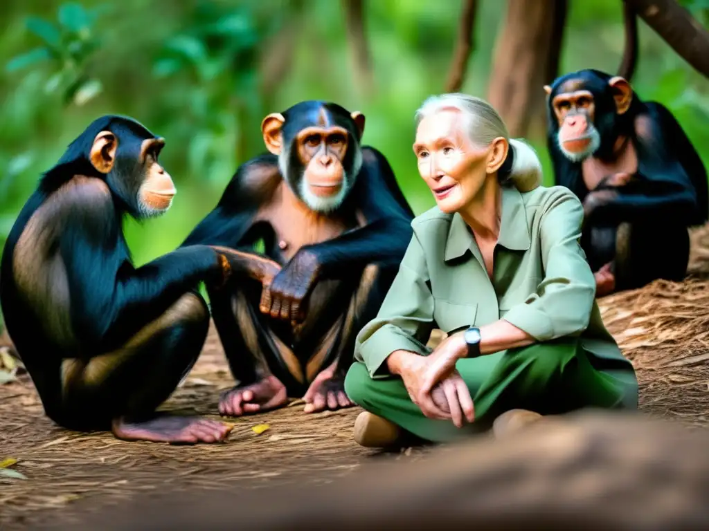 Jane Goodall se sienta entre chimpancés en la exuberante selva de Gombe, Tanzania