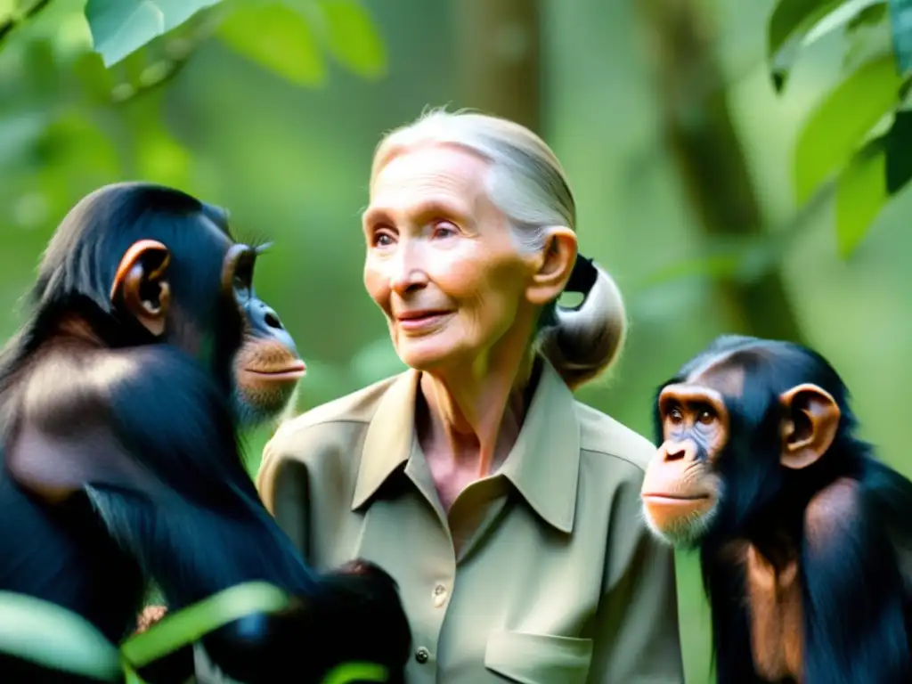 Jane Goodall interactúa con chimpancés en la exuberante selva, mostrando su profunda conexión