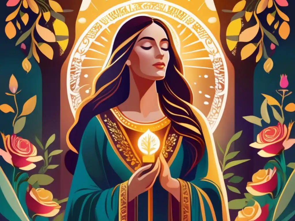 En el exuberante jardín, María Magdalena irradia serenidad mientras toca una rosa, simbolizando su influencia en el cristianismo primitivo
