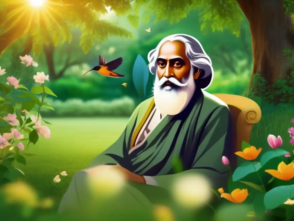 En un exuberante jardín, Rabindranath Tagore escribe poesía rodeado de flores y árboles, vistiendo atuendo tradicional