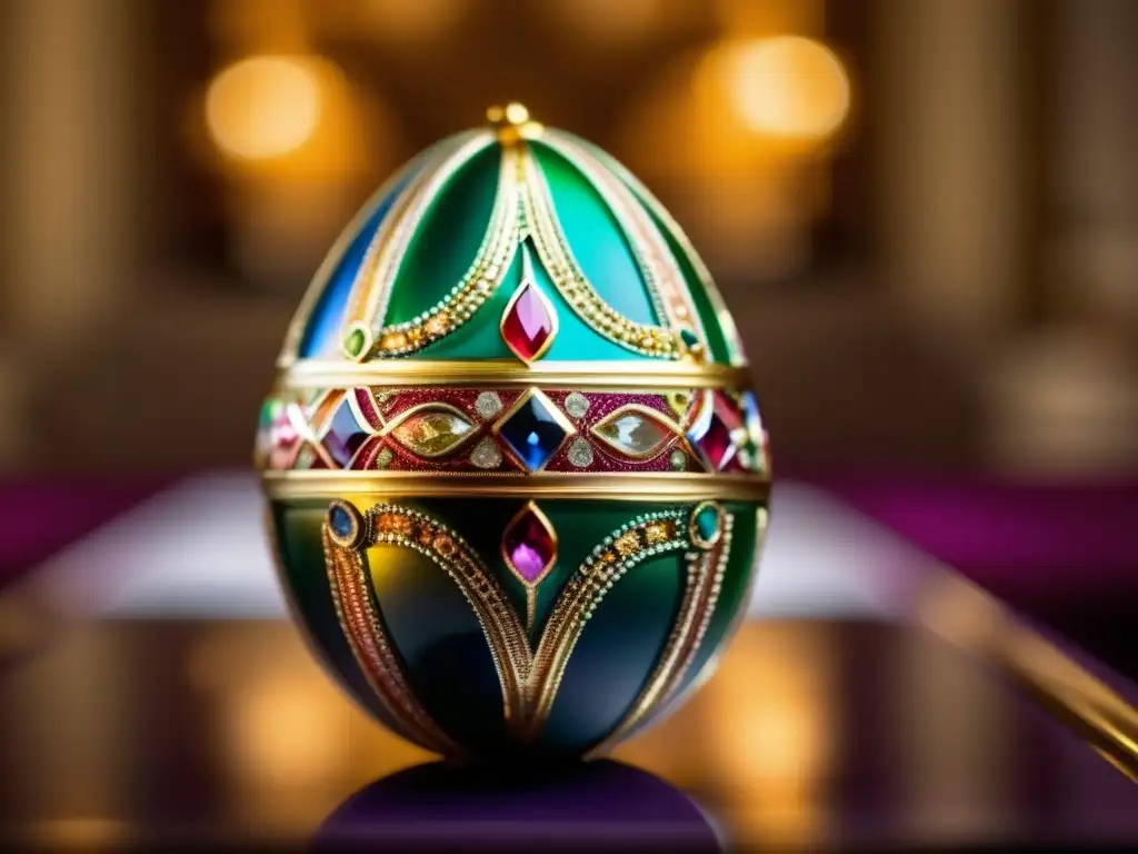 Un Fabergé huevo de joyeros rusos famosas joyas Fabergé, con detalles intrincados y colores vibrantes, destacando su artesanía