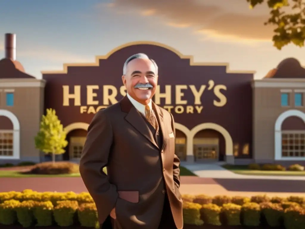 Milton Hershey sonríe frente a la fábrica de chocolate Hershey, bañado por cálida luz dorada