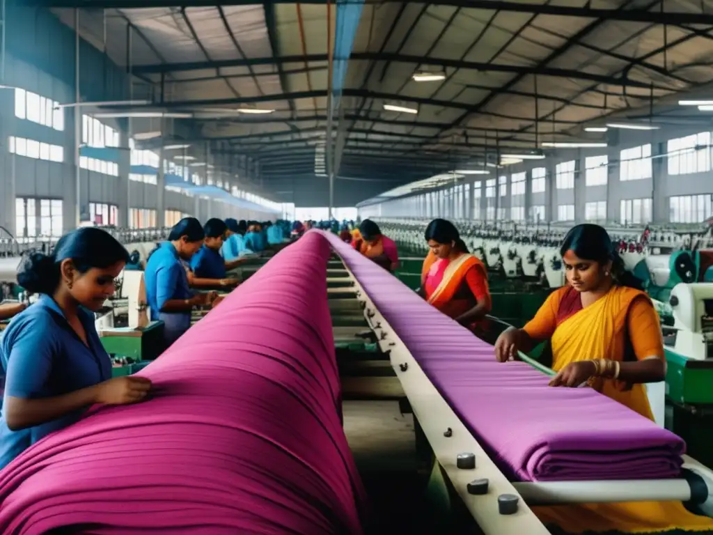 En una fábrica textil bulliciosa en Bangladesh, los trabajadores operan máquinas modernas en un espacio luminoso y aireado