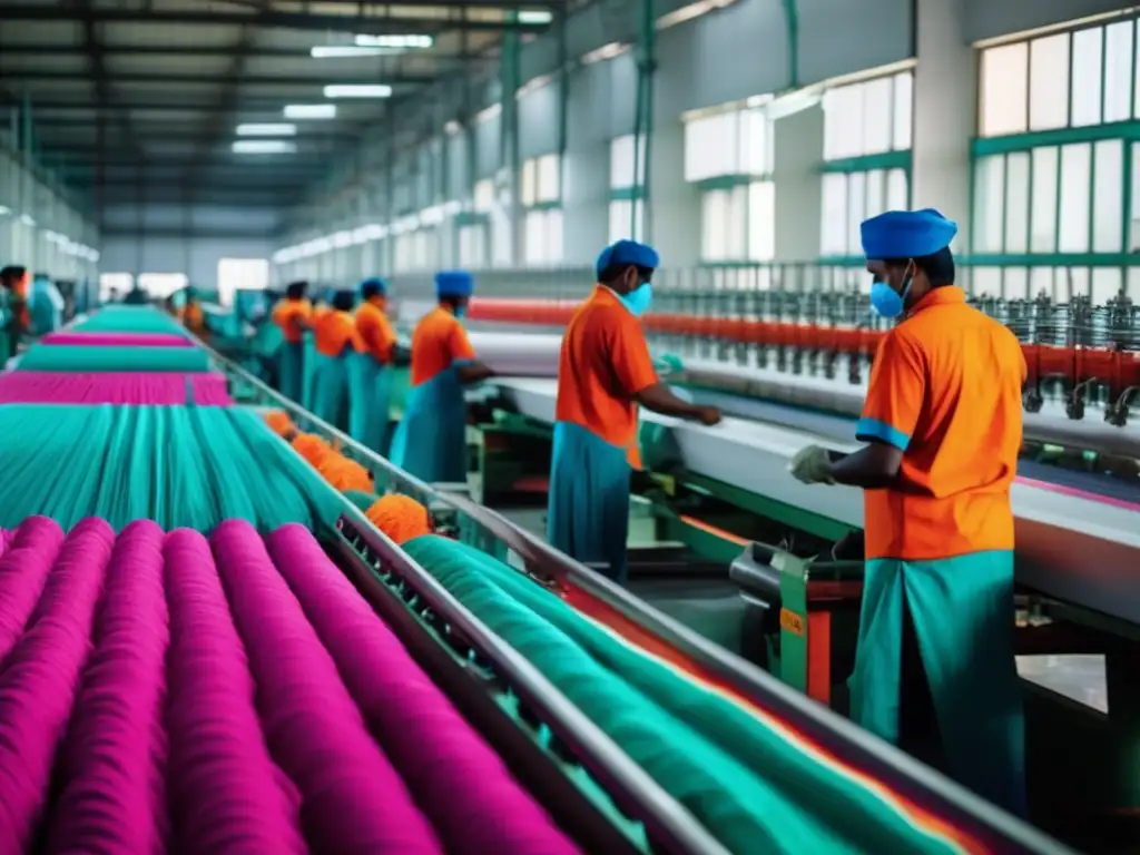 Una fábrica textil moderna en Bangladesh muestra maquinaria avanzada y trabajadores en equipo protector, contribuyendo al resurgimiento industria textil Bangladesh