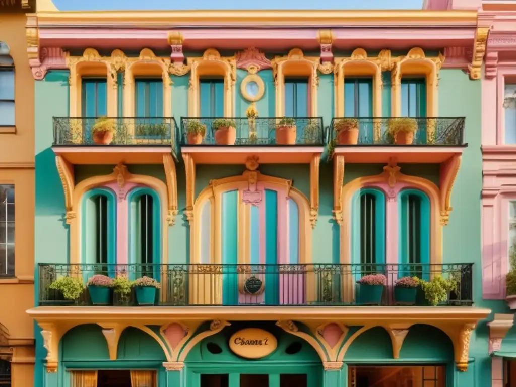 Una fachada de edificio vibrante y pastel con detalles caprichosos al estilo de Wes Anderson