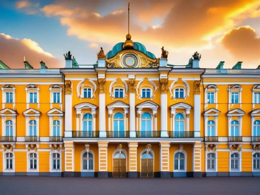 La fachada del Palacio de Invierno en San Petersburgo, Rusia, muestra la opulenta arquitectura barroca y neoclásica