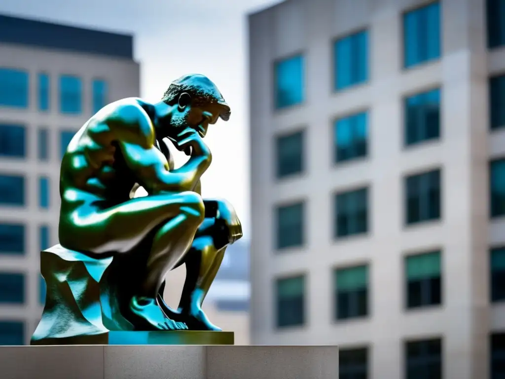 Una fotografía de alta resolución de la famosa escultura 'El Pensador' de Auguste Rodin, contrastando con un entorno urbano contemporáneo, resaltando los detalles intrincados de la escultura y el entorno moderno