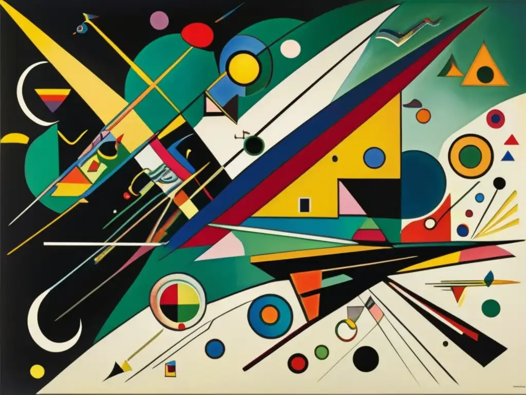 Una fotografía de alta resolución de la famosa pintura abstracta 'Composición VII' de Wassily Kandinsky, mostrando capas intrincadas de colores vibrantes, formas geométricas audaces y pinceladas dinámicas