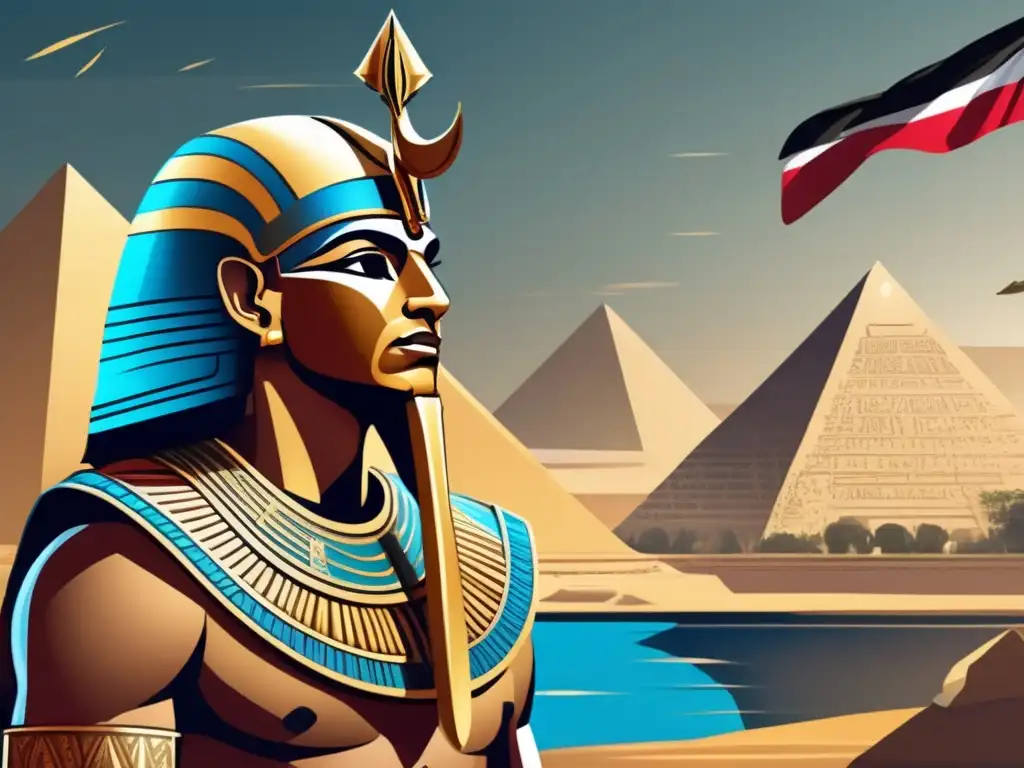 Un faraón guerrero de Egipto, Ramsés II, destaca en una ilustración digital detallada y moderna, con las pirámides y el río Nilo de fondo