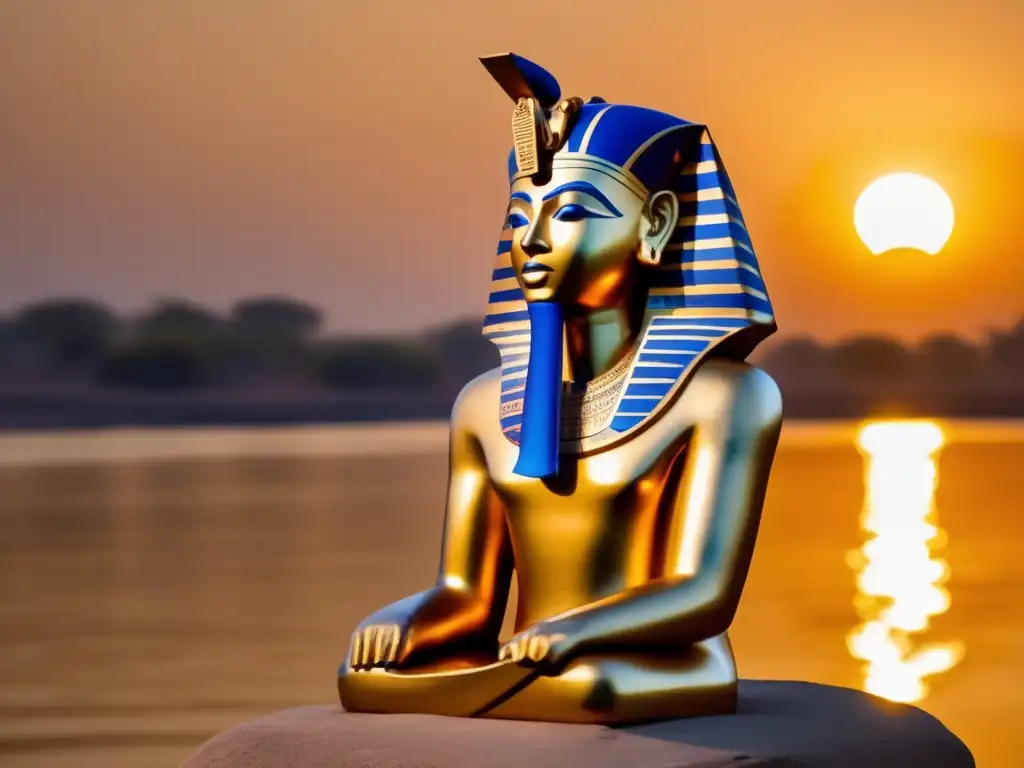 Un faraón negro de Nubia Kush, con ojos de lapislázuli, en la ribera del Nilo al atardecer, evocando poder y majestuosidad