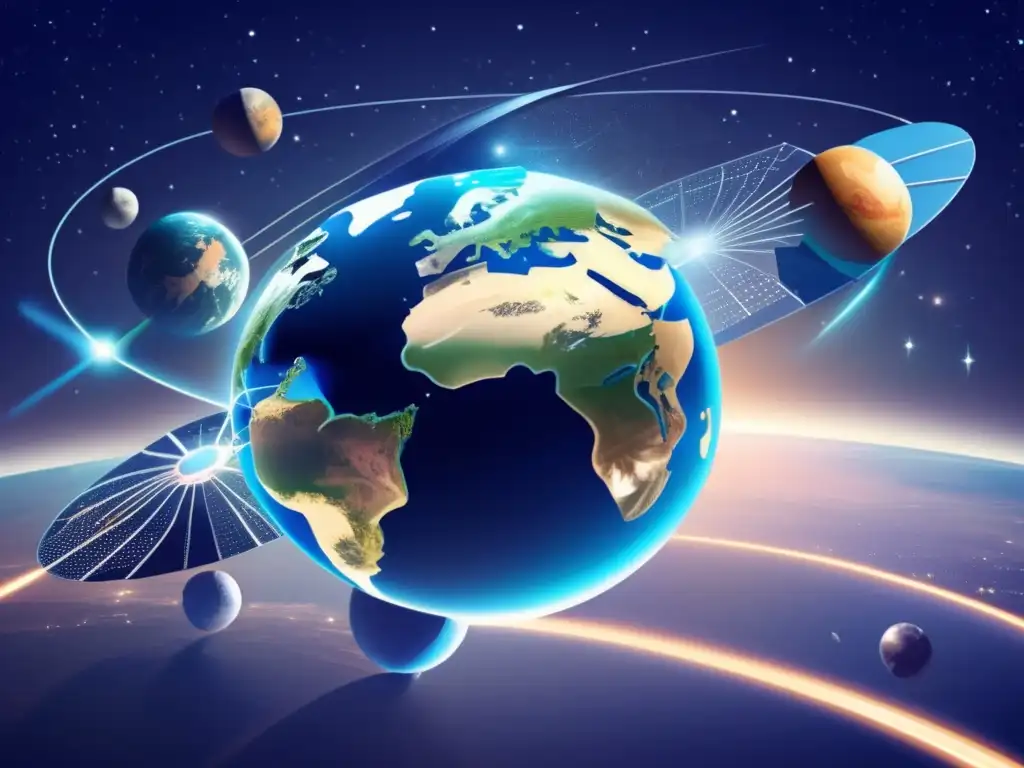 Un fascinante dibujo digital de satélites de comunicación orbitando la Tierra, con detalles intrincados y tecnología futurista