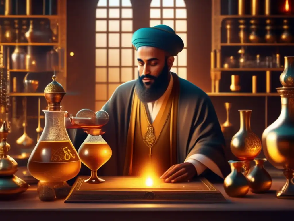 En la fascinante ilustración digital en 8k, Jabir Ibn Hayyan trabaja en su laboratorio alquímico rodeado de vidrio, pociones y símbolos