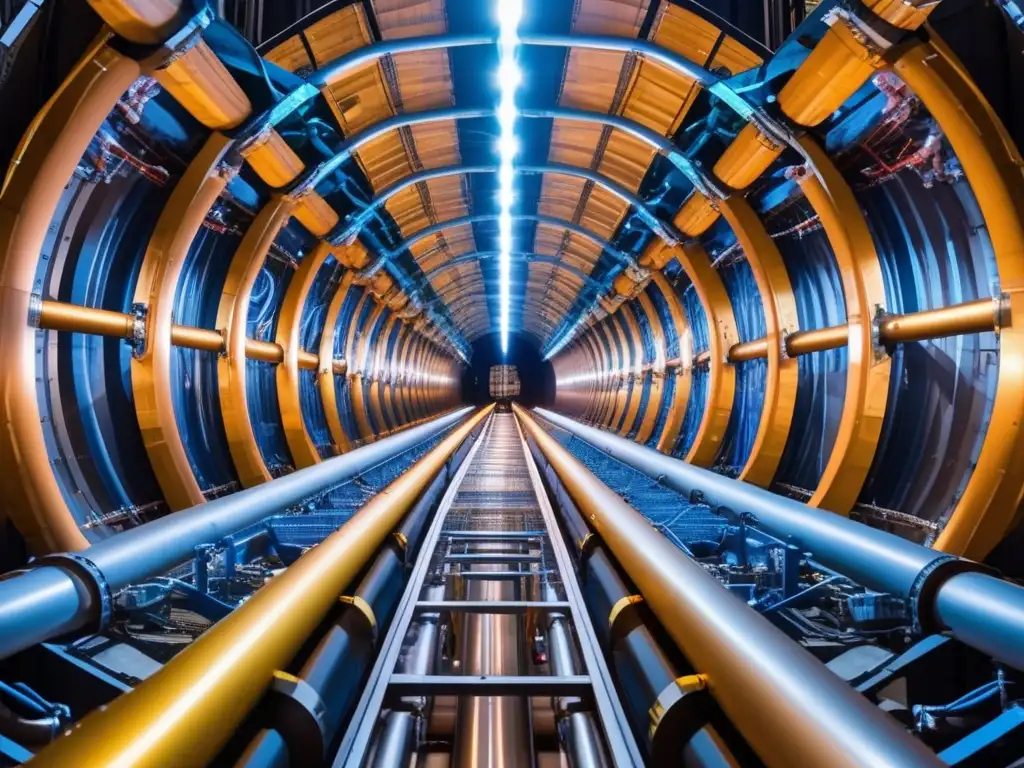 Un fascinante vistazo al Gran Colisionador de Hadrones (LHC) en CERN, ilustrando la compleja red de detectores de partículas y enormes imanes