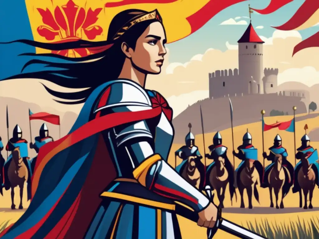 Juana de Arco muestra determinación y fe en la guerra de la Edad Media, con un diseño digital moderno y vibrante en alta resolución