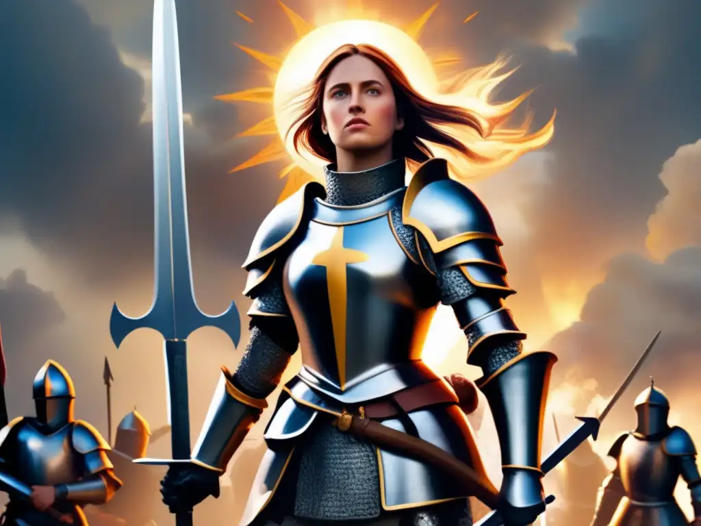 Juana de Arco irradia determinación y fe en medio de la guerra de la Edad Media, con su armadura brillante y espada en alto