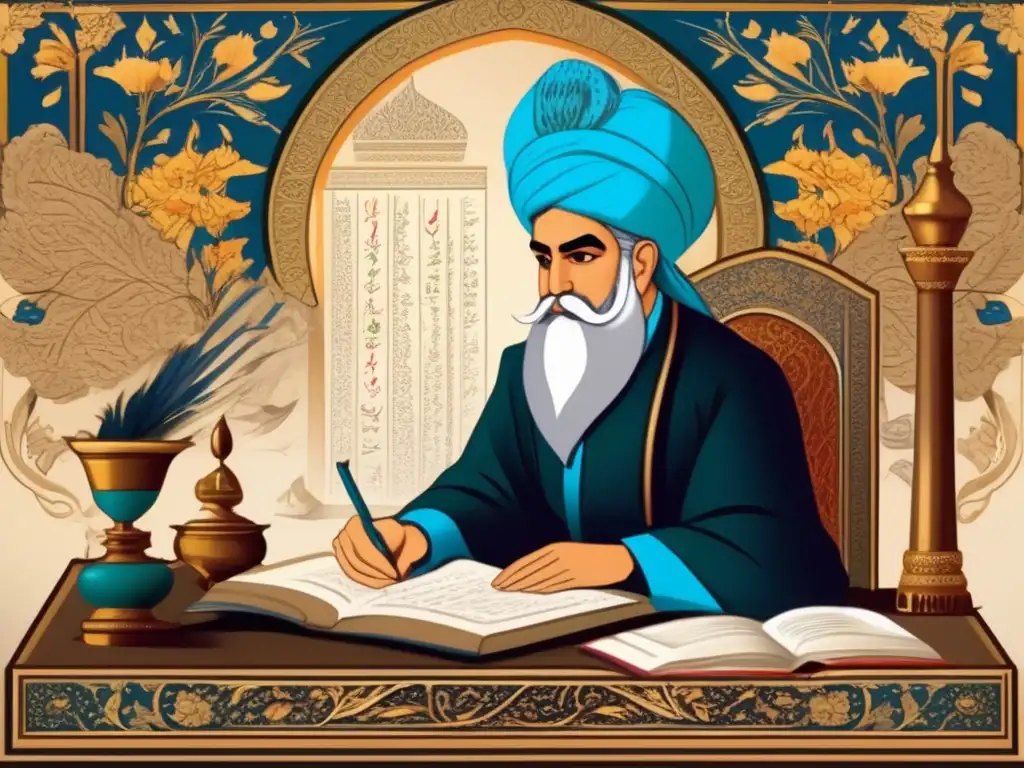 Ferdowsi, el poeta persa, escribe la Épica de los Reyes en su escritorio, inmerso en la historia y la identidad persa
