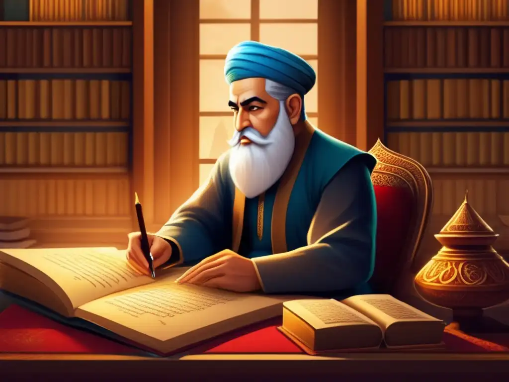 En la ilustración, Ferdowsi está sentado en un majestuoso escritorio rodeado de manuscritos antiguos y pergaminos