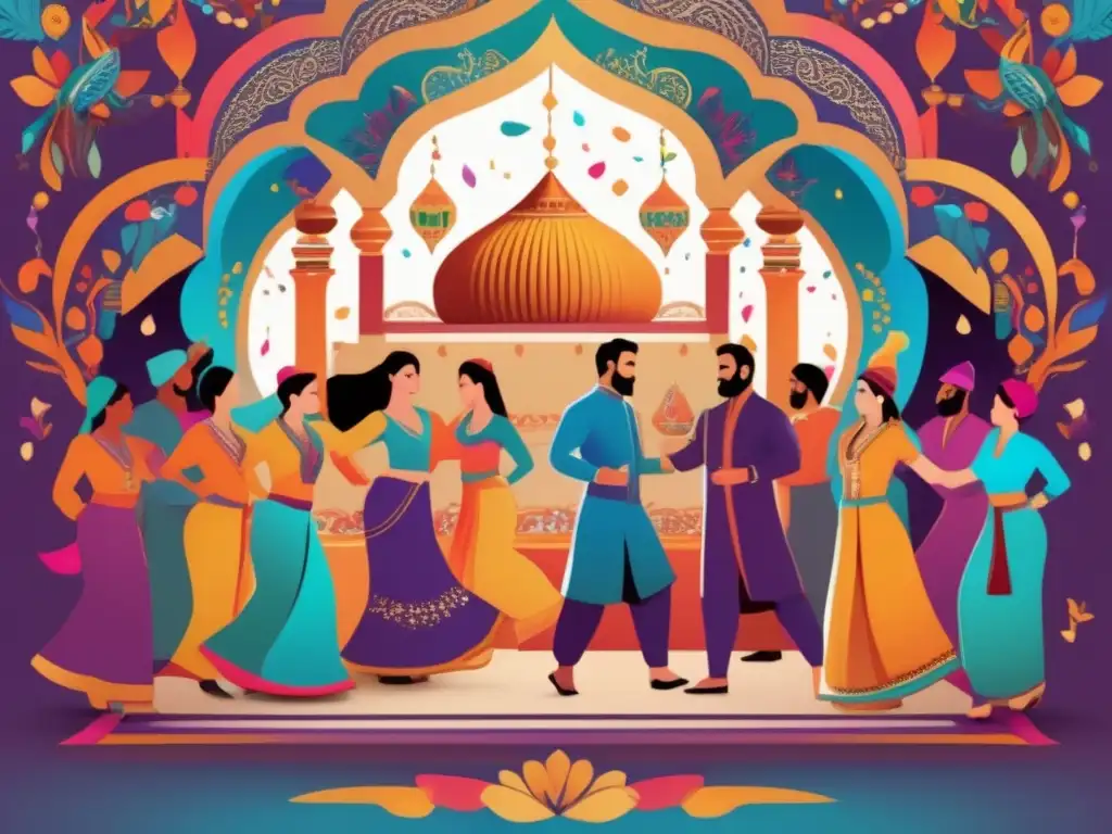 En la festiva ilustración digital, AlBiruni explora la celebración de una fiesta persa, rodeado de bailarines, músicos y decoraciones coloridas
