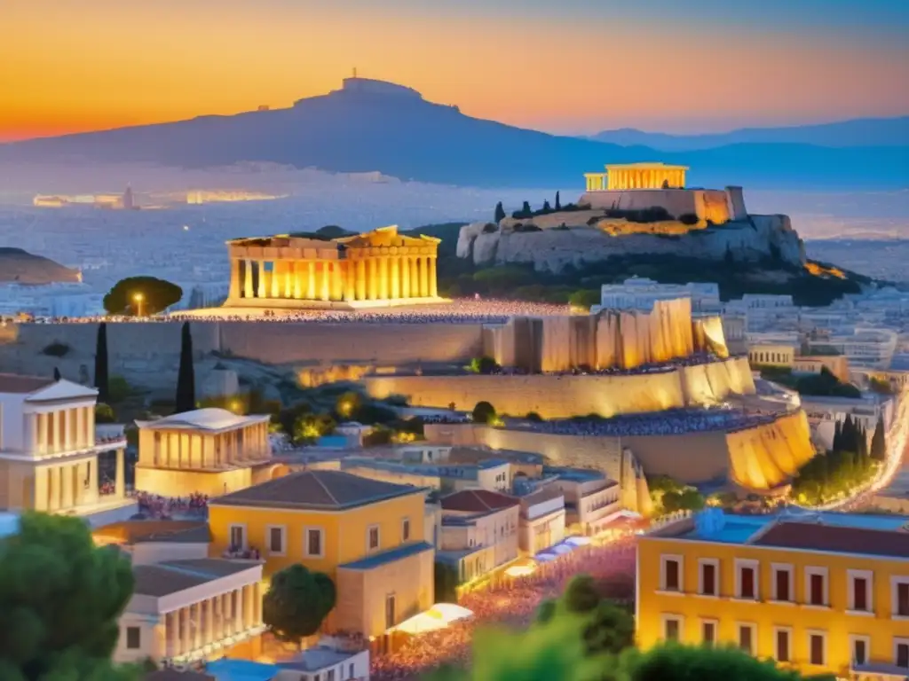 Un festival grandioso en la antigua Atenas: ciudad bulliciosa, desfiles coloridos, el Partenón al atardecer