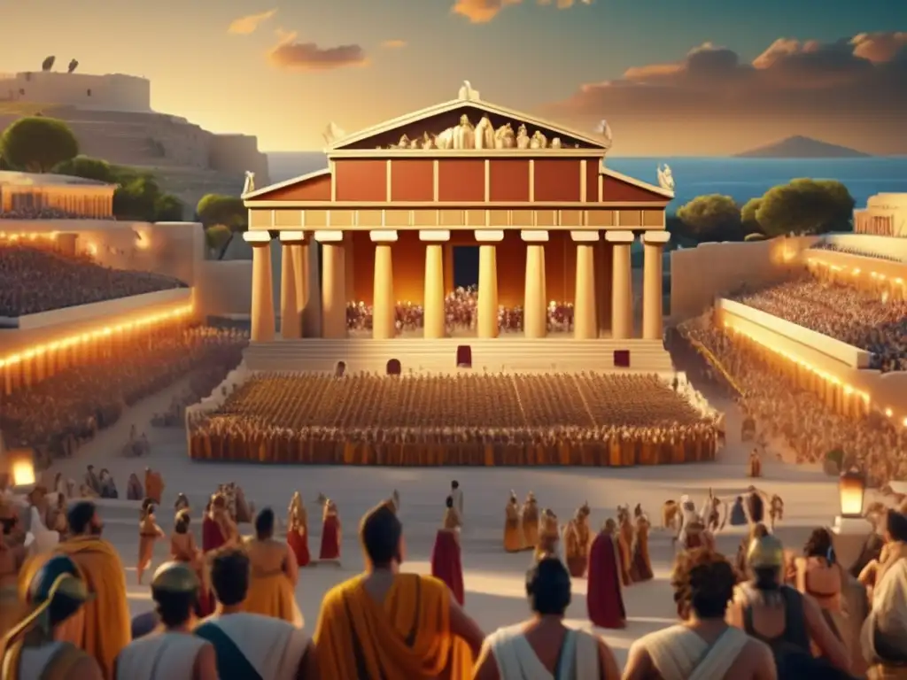 Un festival griego antiguo lleno de vida con coloridas togas, esculturas detalladas y música animada en un majestuoso teatro griego