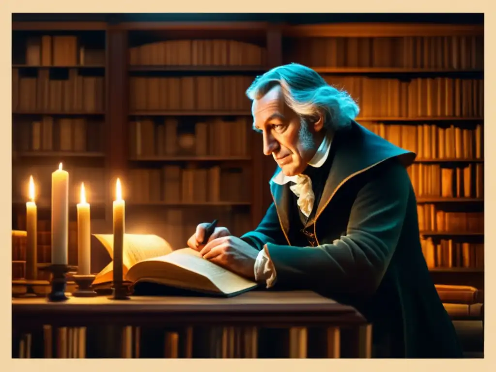 Jacob Grimm decodificando festivales germánicos en una biblioteca tenue, rodeado de tomos polvorientos