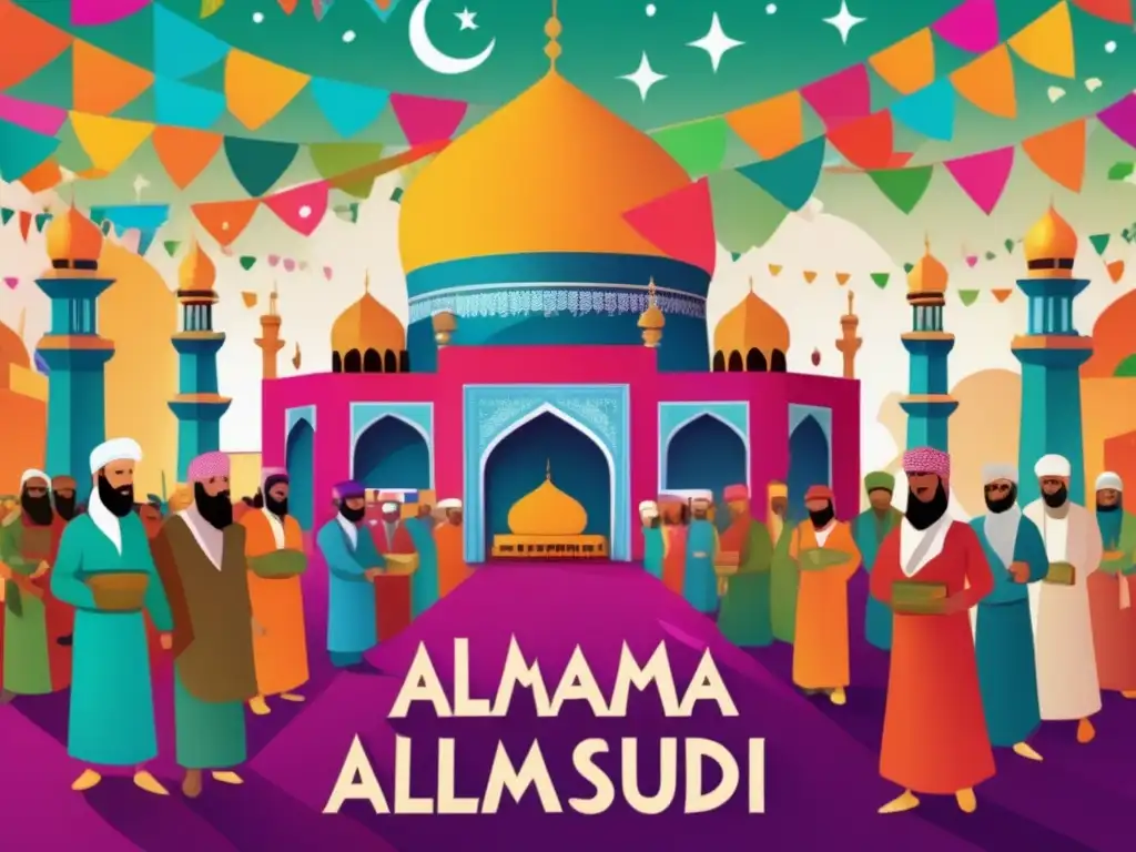 AlMasudi documentando festividades del mundo islámico, rodeado de coloridas decoraciones y gente diversa