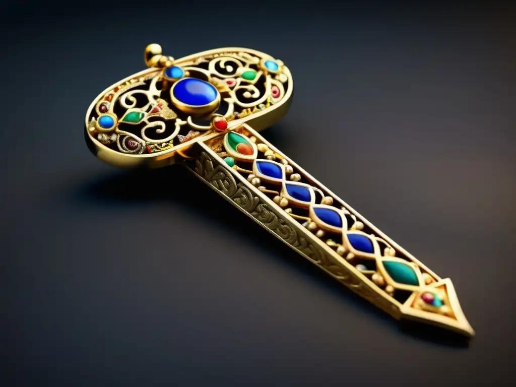 Una fibula merovingia de oro, con filigrana y esmalte cloisonné, destacando la sofisticación artística del reino merovingio