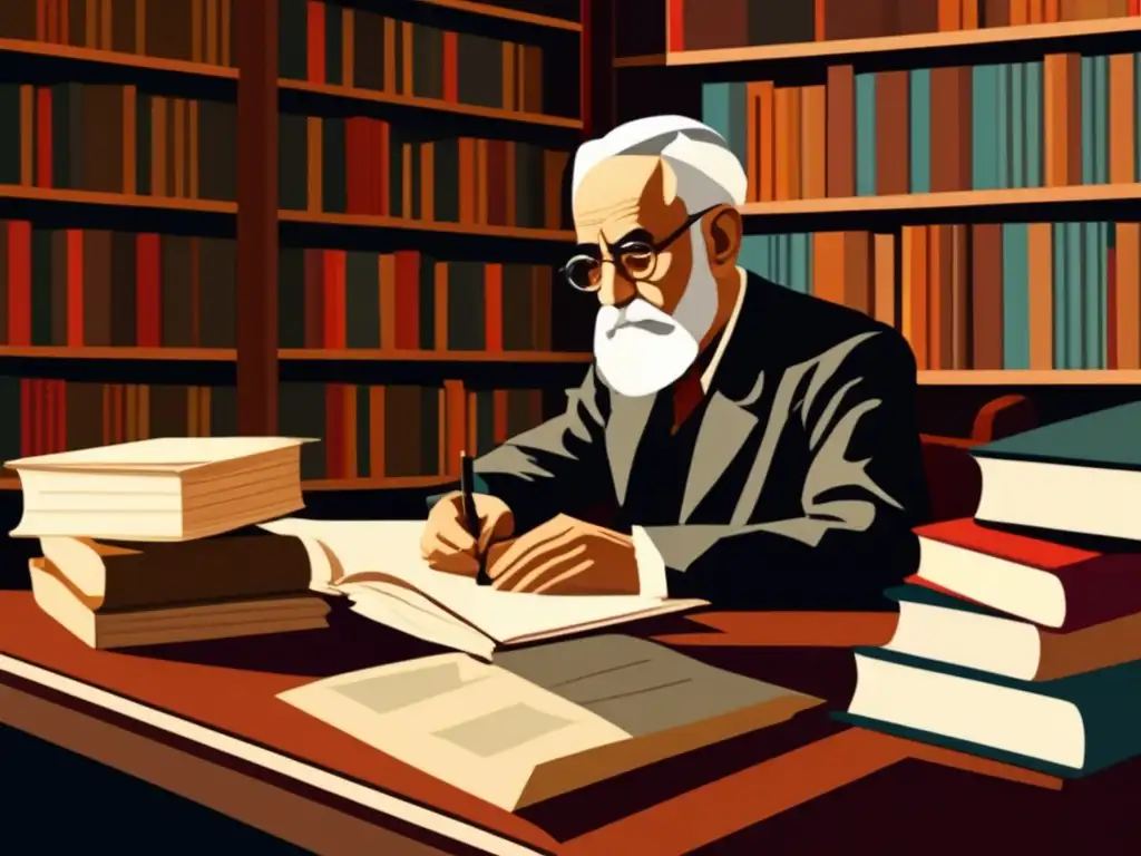 Miguel de Unamuno reflexiona sobre la filosofía de Miguel de Unamuno en su estudio, rodeado de libros y papeles, sumido en profundos pensamientos