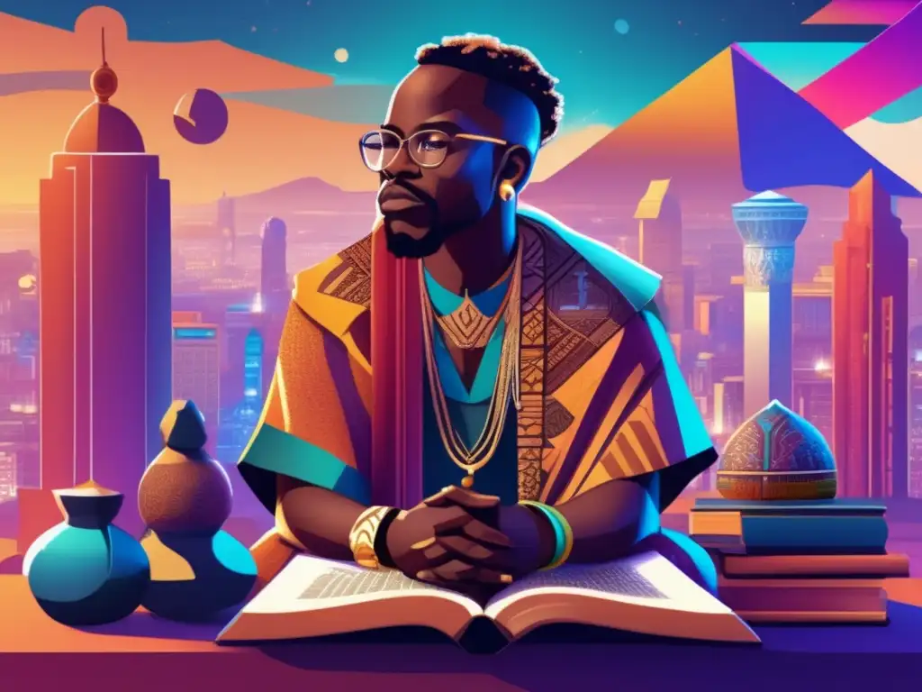 Un filósofo africano reflexiona rodeado de textos antiguos y símbolos, con una ciudad futurista de fondo