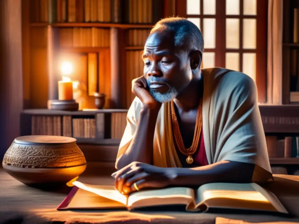 Un filósofo africano, rodeado de textos y artefactos antiguos, sumido en profundos pensamientos bajo la cálida luz del sol
