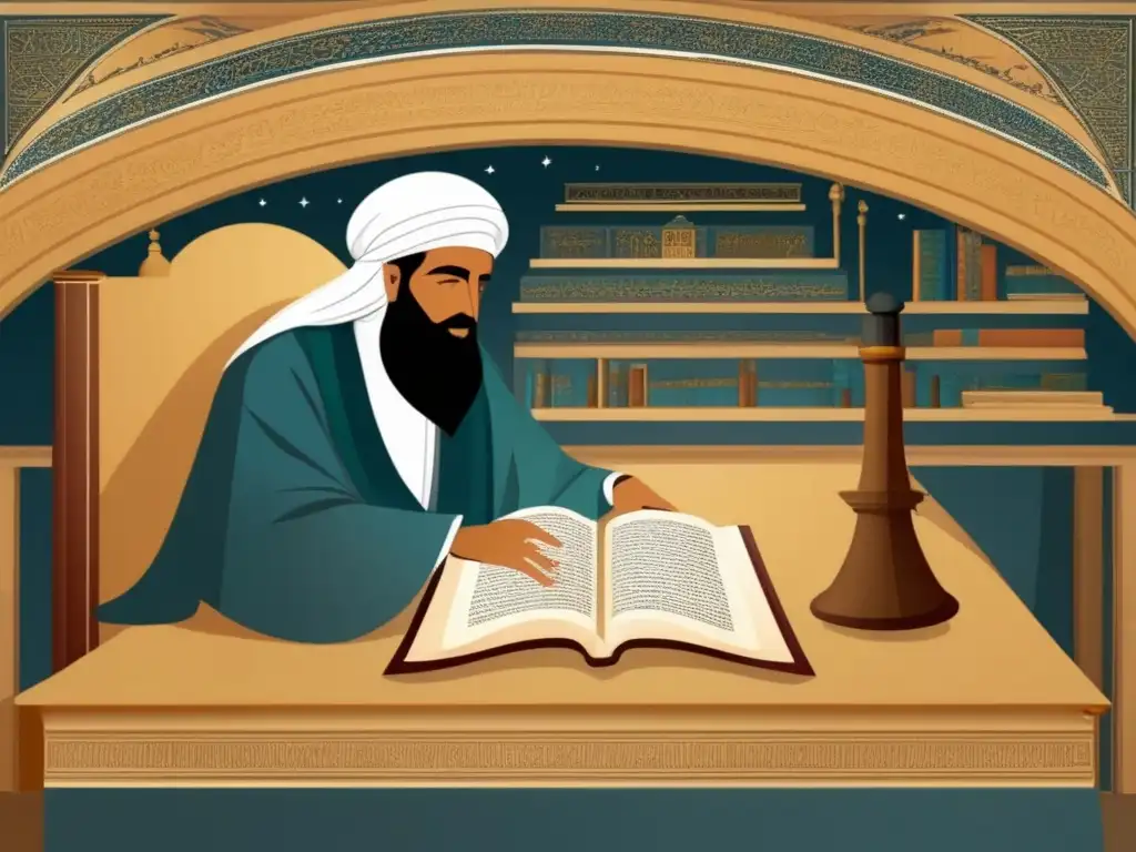 - Ilustración detallada: Averroes, filósofo musulmán El filósofo musulmán Averroes, en su estudio iluminado por una lámpara, rodeado de antiguos manuscritos y utensilios científicos