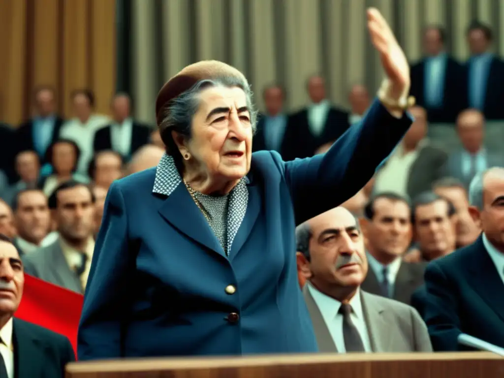 Golda Meir, líder firme y determinada, se destaca ante un grupo de líderes políticos, con la bandera de Israel de fondo