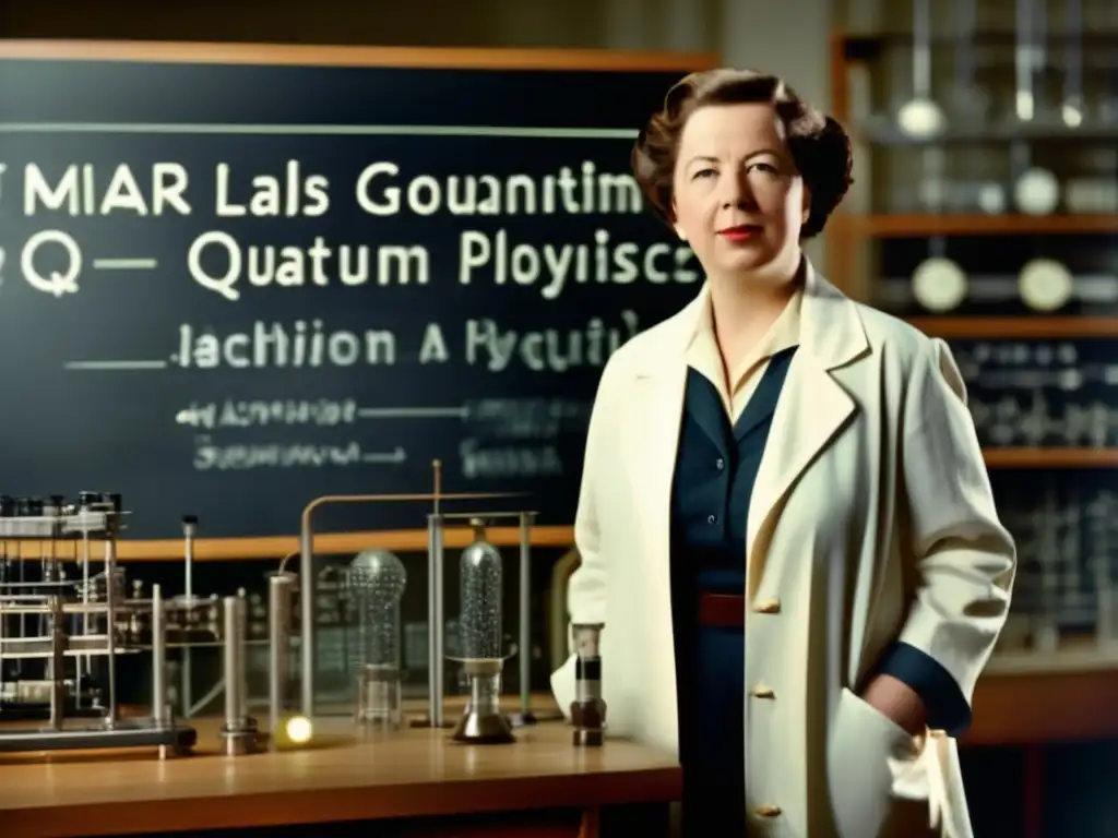 La física cuántica cobra vida en la determinación de María Goeppert Mayer, inmersa en su laboratorio rodeada de equipo científico y ecuaciones