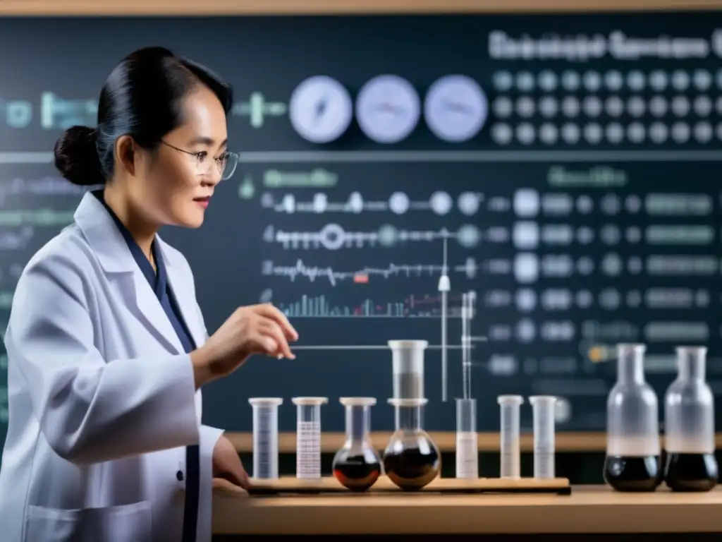 ChienShiung Wu, física destacada, realiza experimentos en un laboratorio, rodeada de gráficos y ecuaciones