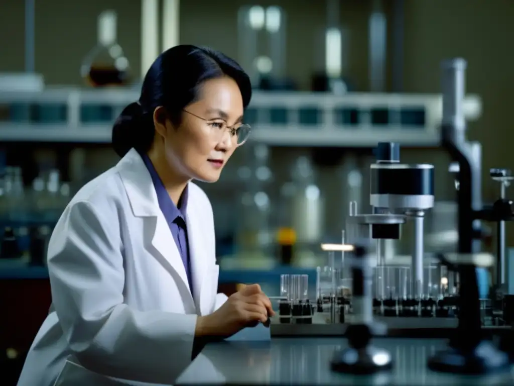 Chien-Shiung Wu, física de renombre, realiza experimentos en un laboratorio, con determinación