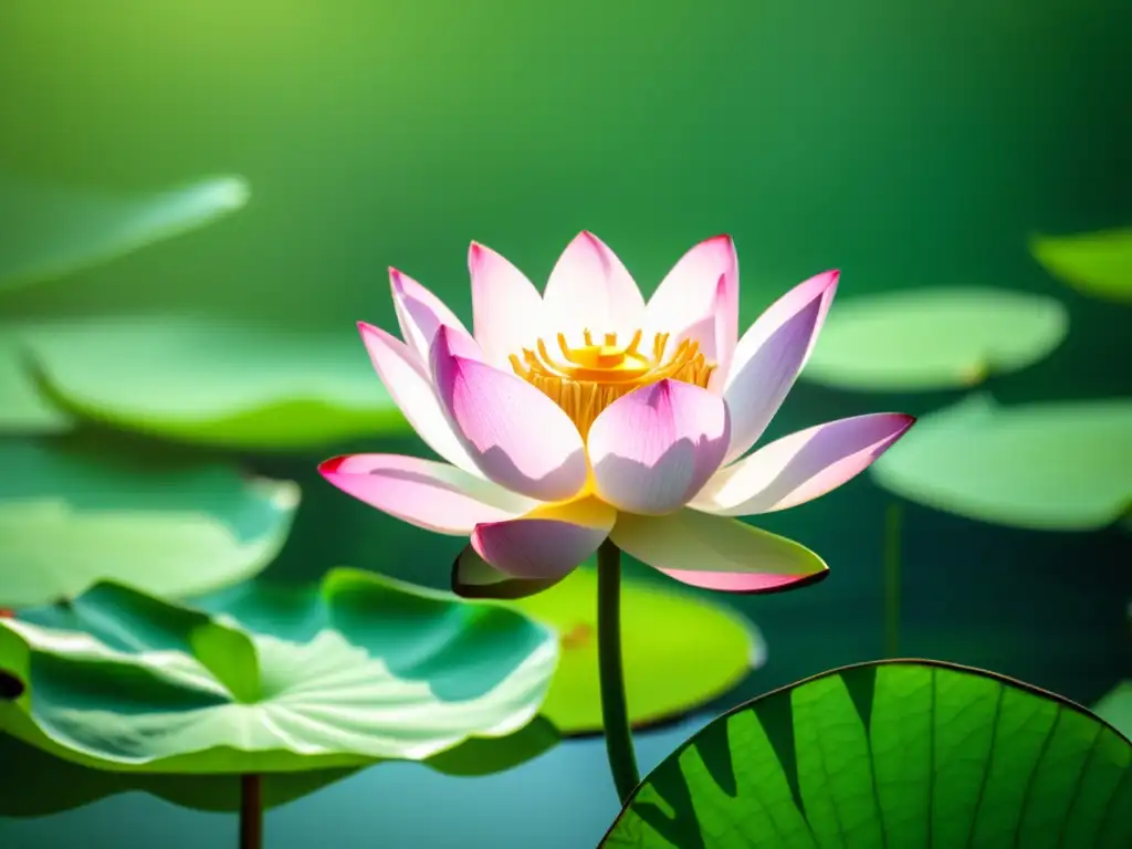 Belleza serena: flor de loto en estanque tranquilo Una flor de loto flota en un estanque tranquilo, iluminada por suave luz