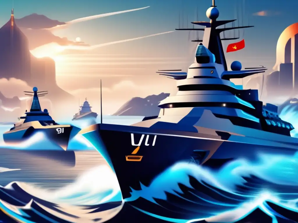 Líder naval innovador: Yi Sunshin dirige flota futurista Admiral Yi Sunshin lidera flota innovadora en intensa batalla naval, destacando estrategia y tecnología naval
