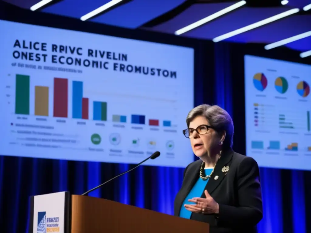 En el foro económico, Alice Rivlin lidera la discusión sobre política fiscal en tiempos de crisis, rodeada de gráficos y datos