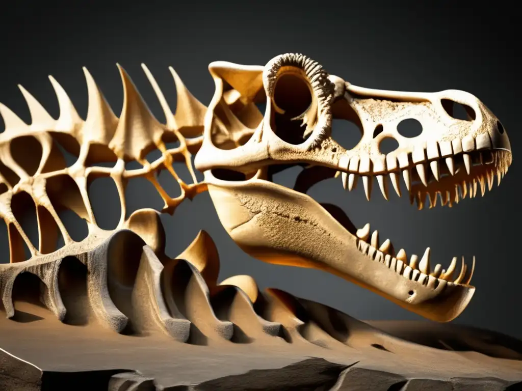 Un fósil de dinosaurio en detalle, con sombras dramáticas y textura destacada