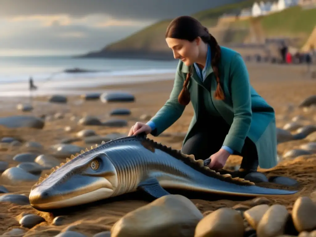 Mary Anning descubre un fósil de ictiosaurio en los acantilados de Lyme Regis, capturando su legado pionero en paleontología