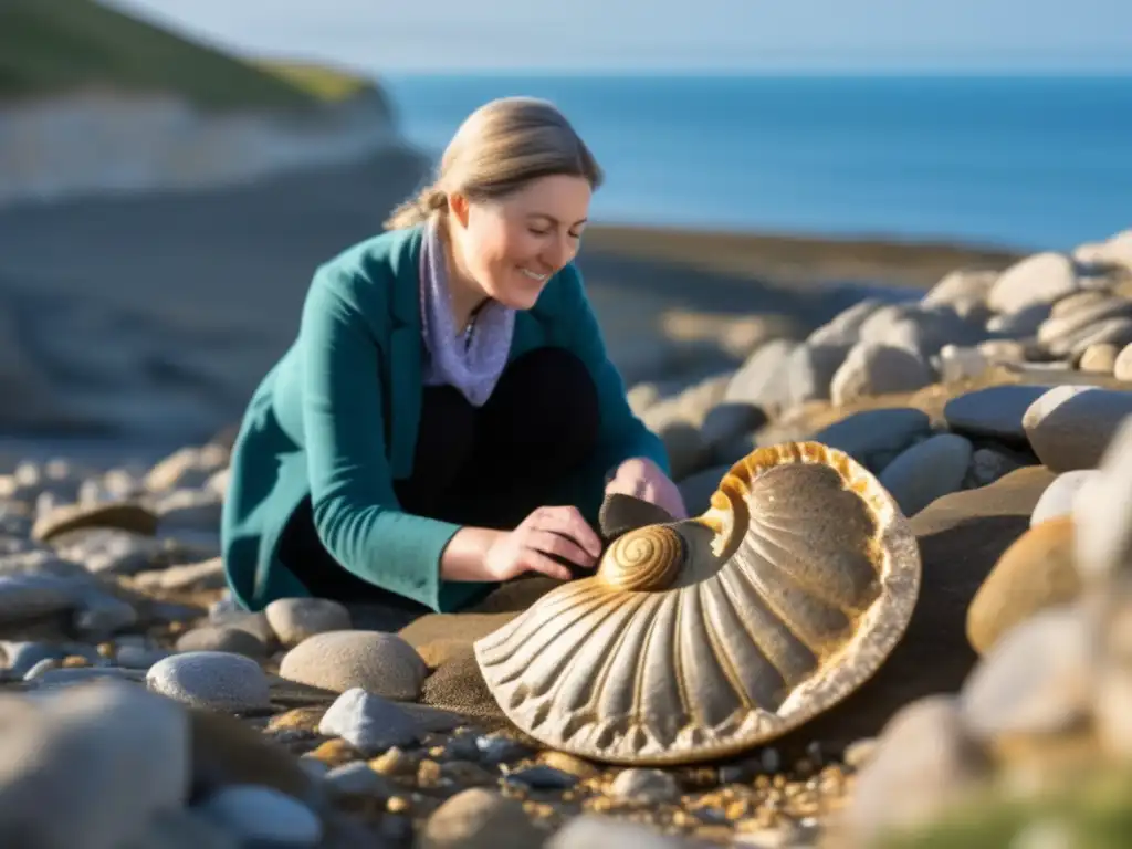 Mary Anning paleontología fósiles vida: Mary Anning excavando un fósil en Lyme Regis, con la luz solar iluminando la escena costera
