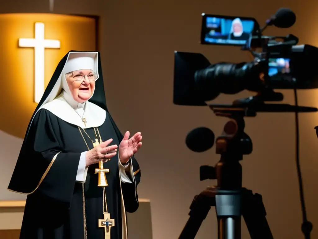 Una foto de alta resolución de Madre Angelica en su estudio televisivo, entregando apasionadamente un sermón a una audiencia cautivadora